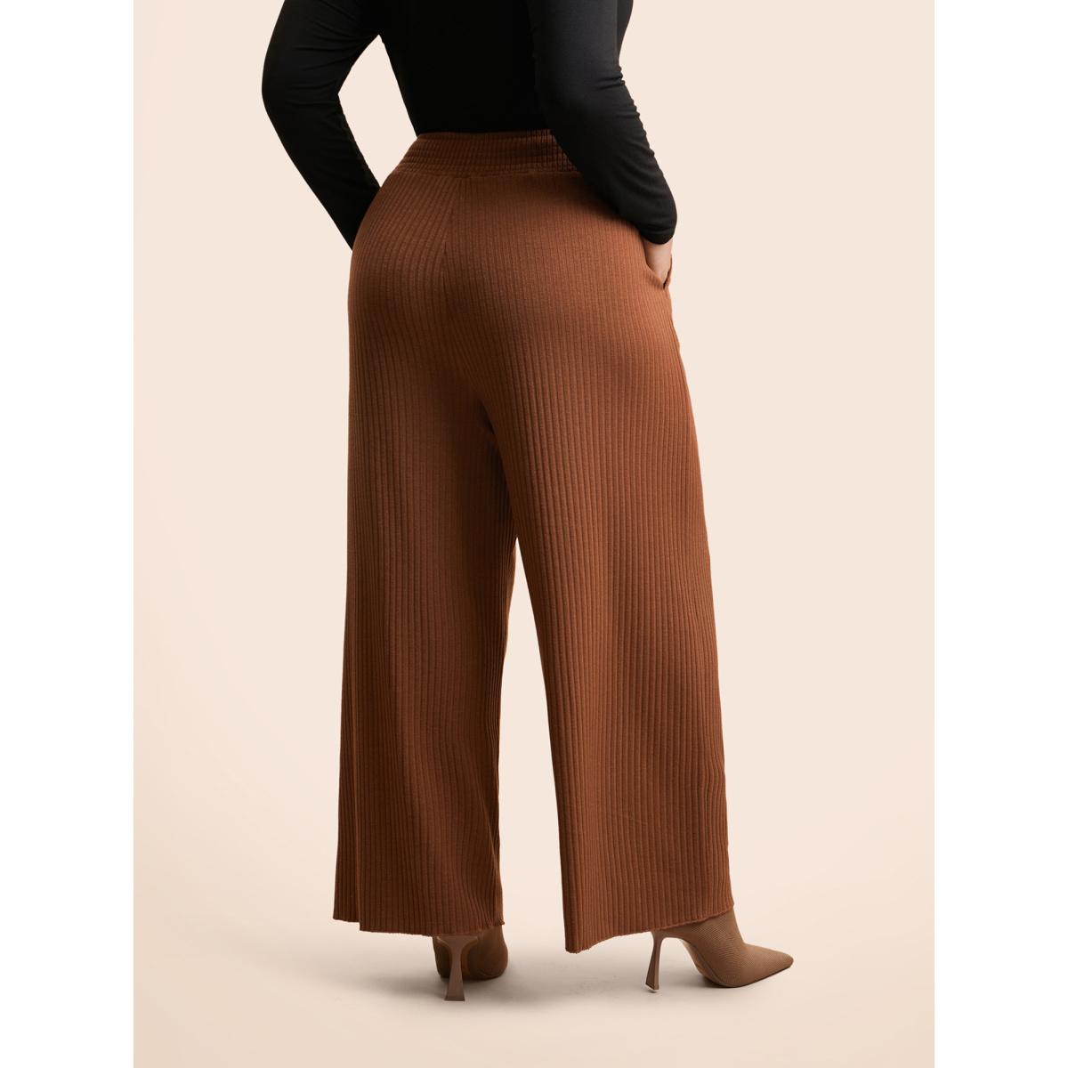 Plus Size Textured Mid Rise Wide Leg Pants Women Yellowishbrown Casual Wide Leg Mid Rise Everyday Pants BloomChic 10/M Product Image