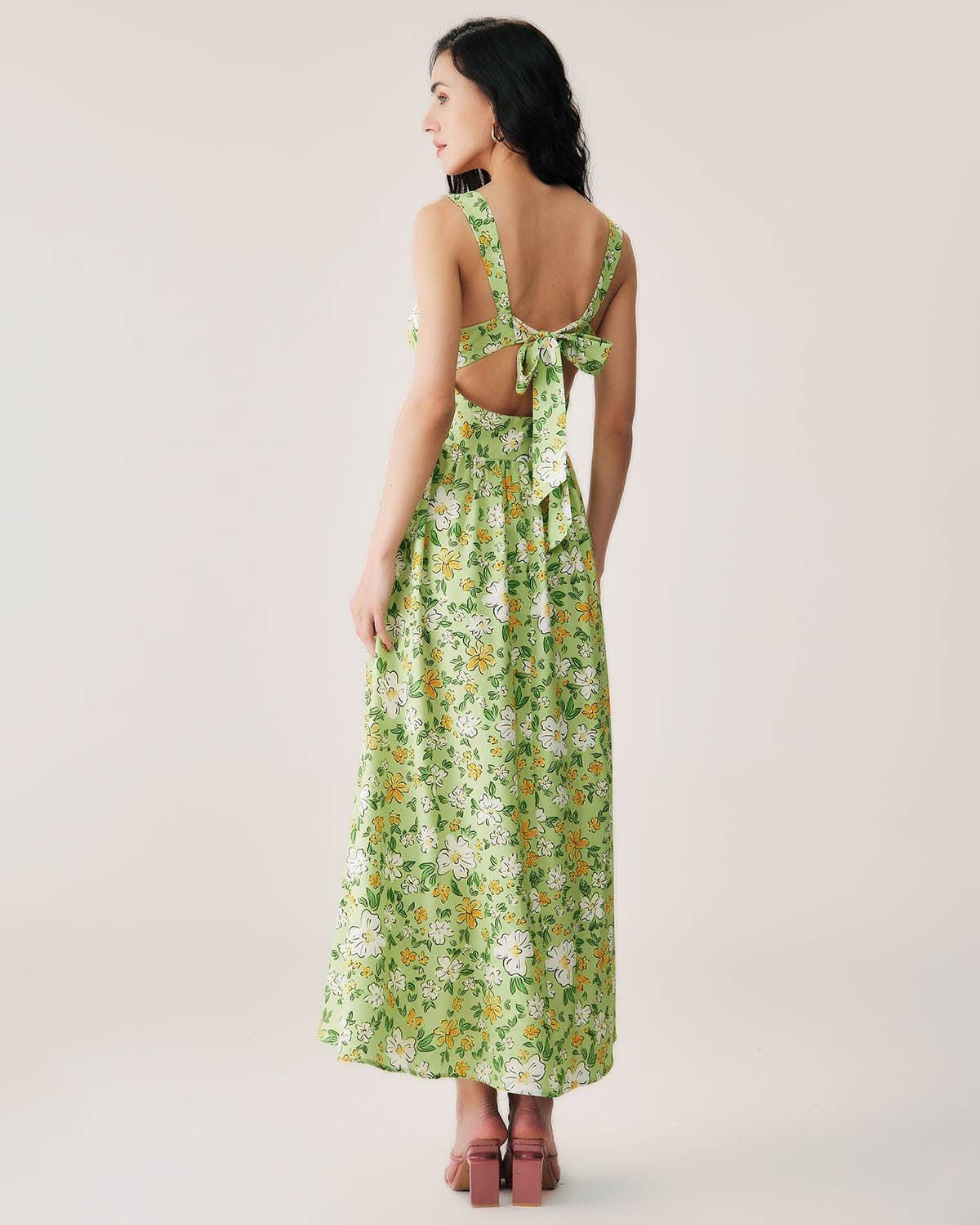 Green Floral Backless Maxi Dress Product Image