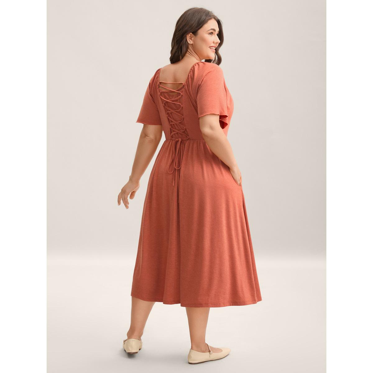 Plus Size Stretchy Shirred Back Tie-Up Midi Dress OrangeRed Women Leisure Knit Dresses Bloomchic 10/M Product Image