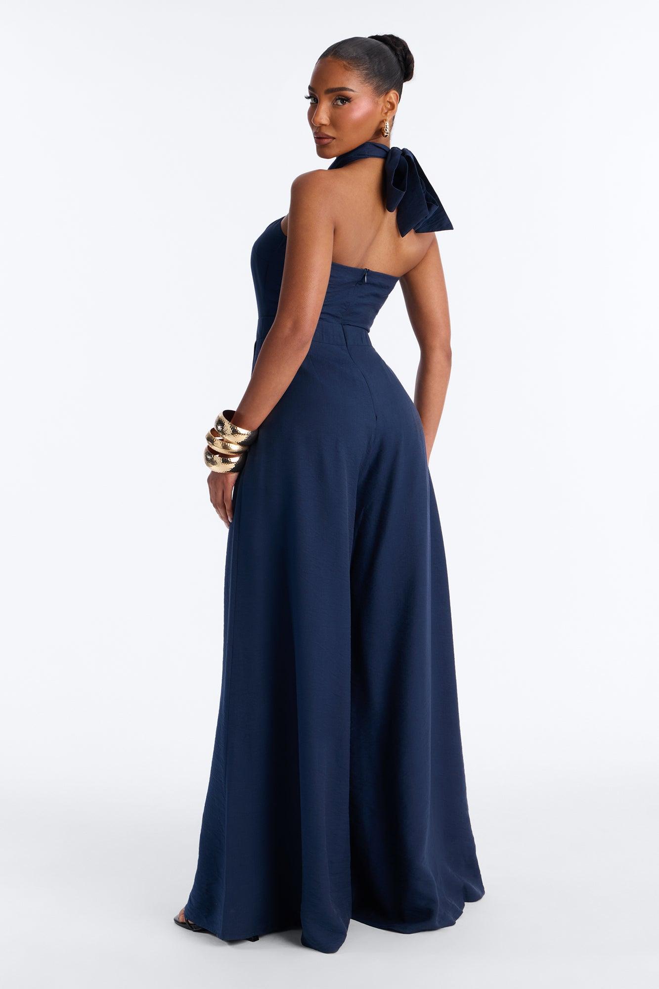 Alana Halter Pleated Wide Leg Jumpsuit - Navy Female Product Image