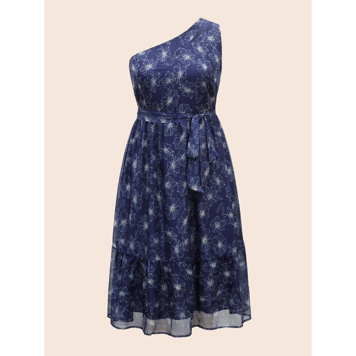 Plus Size Floral Asymmetrical Neck Mesh Belted Dress DarkBlue Women Cocktail See through Party Curvy Bloomchic 22-24/3X Product Image