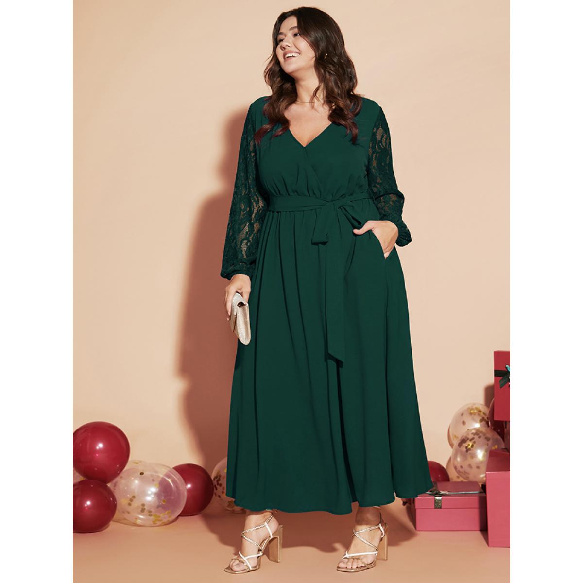 Plus Size Solid Wrap Pocket Lantern Sleeve Lace Belted Maxi Dress DarkGreen Women Elegant V-neck Long Sleeve Curvy Long Dress BloomChic 14-16/1X Product Image