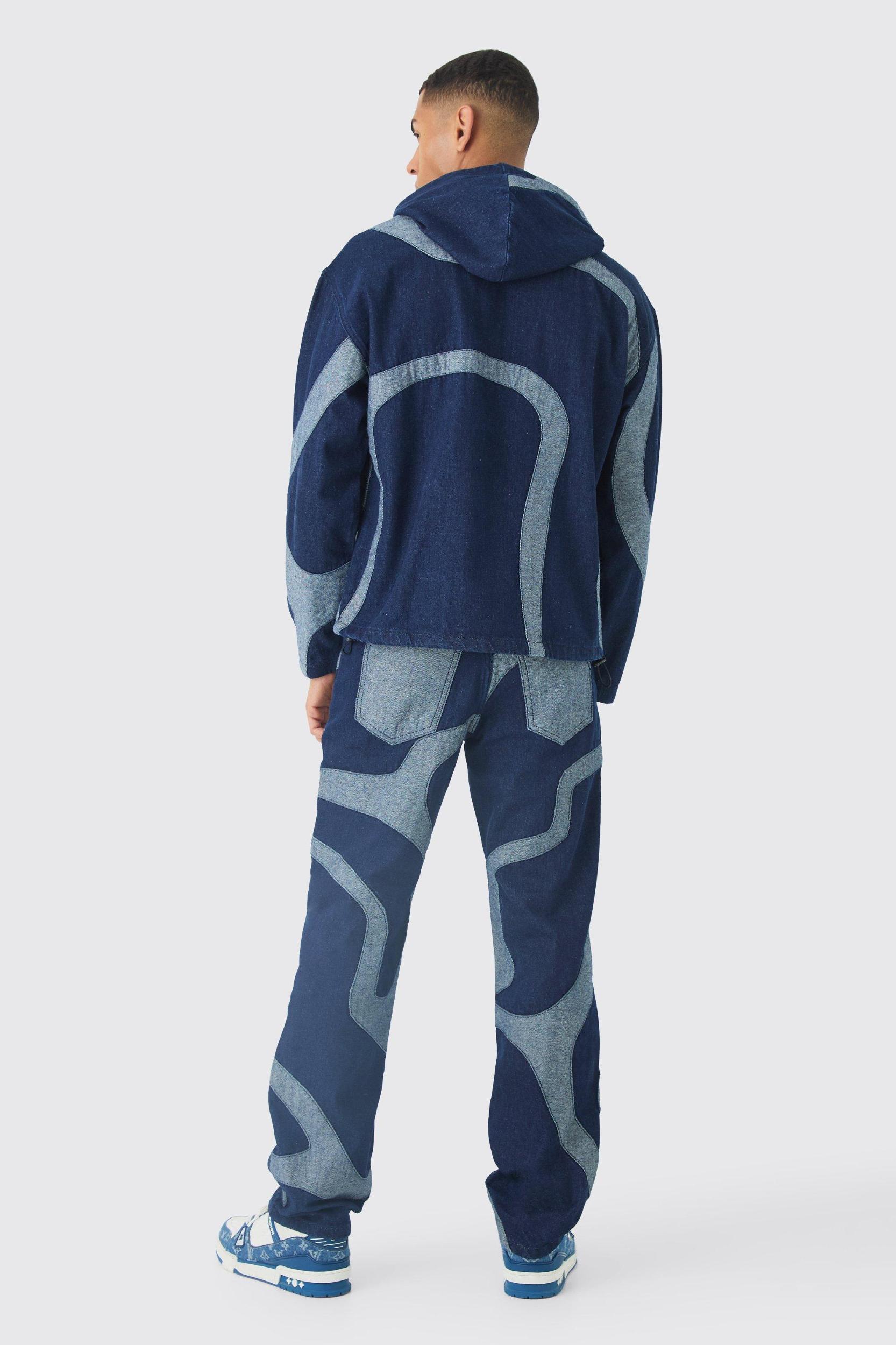 Boxy Denim Patchwork Applique Hoodie | boohooMAN USA Product Image