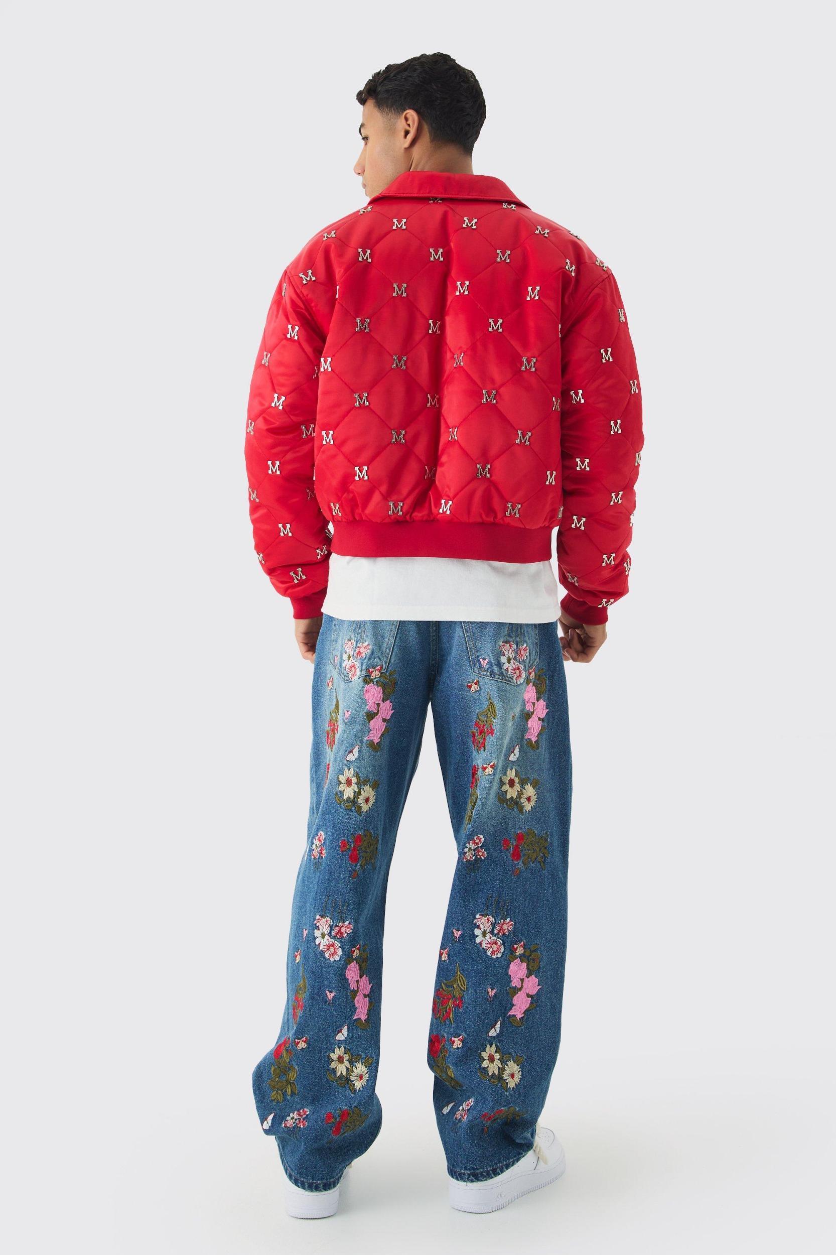 Baggy Fit Rigid Floral Embroidered Jeans | boohooMAN USA Product Image
