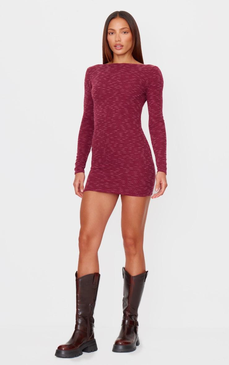 Burgundy Textured Scoop Back Long Sleeve Bodycon Dress Product Image