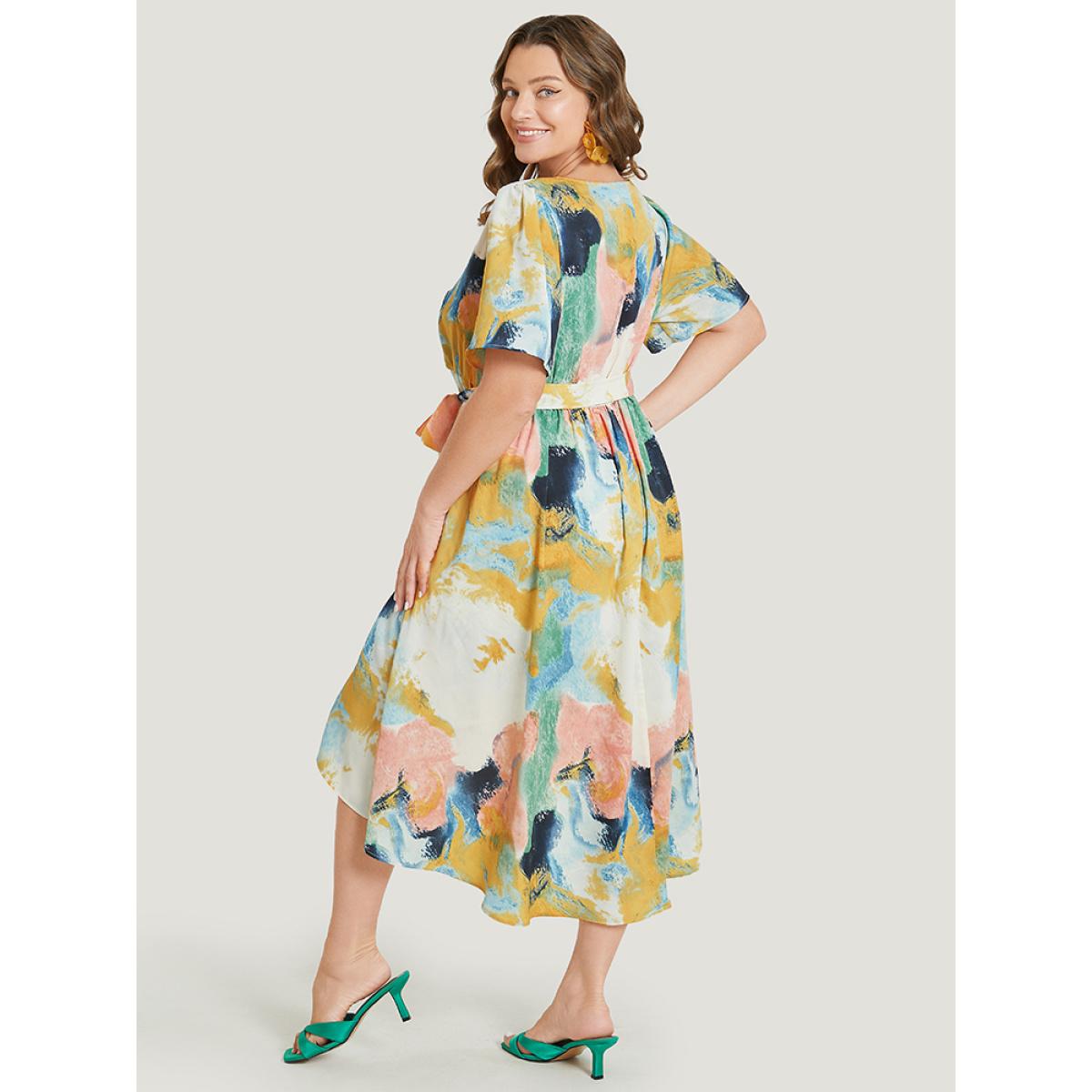 Plus Size Tie Dye Ruffle Pocket Wrap Belted High Low Dress Green Women Elegant Wrap V-neck Short sleeve Curvy Midi Dress BloomChic 18-20/2X Product Image