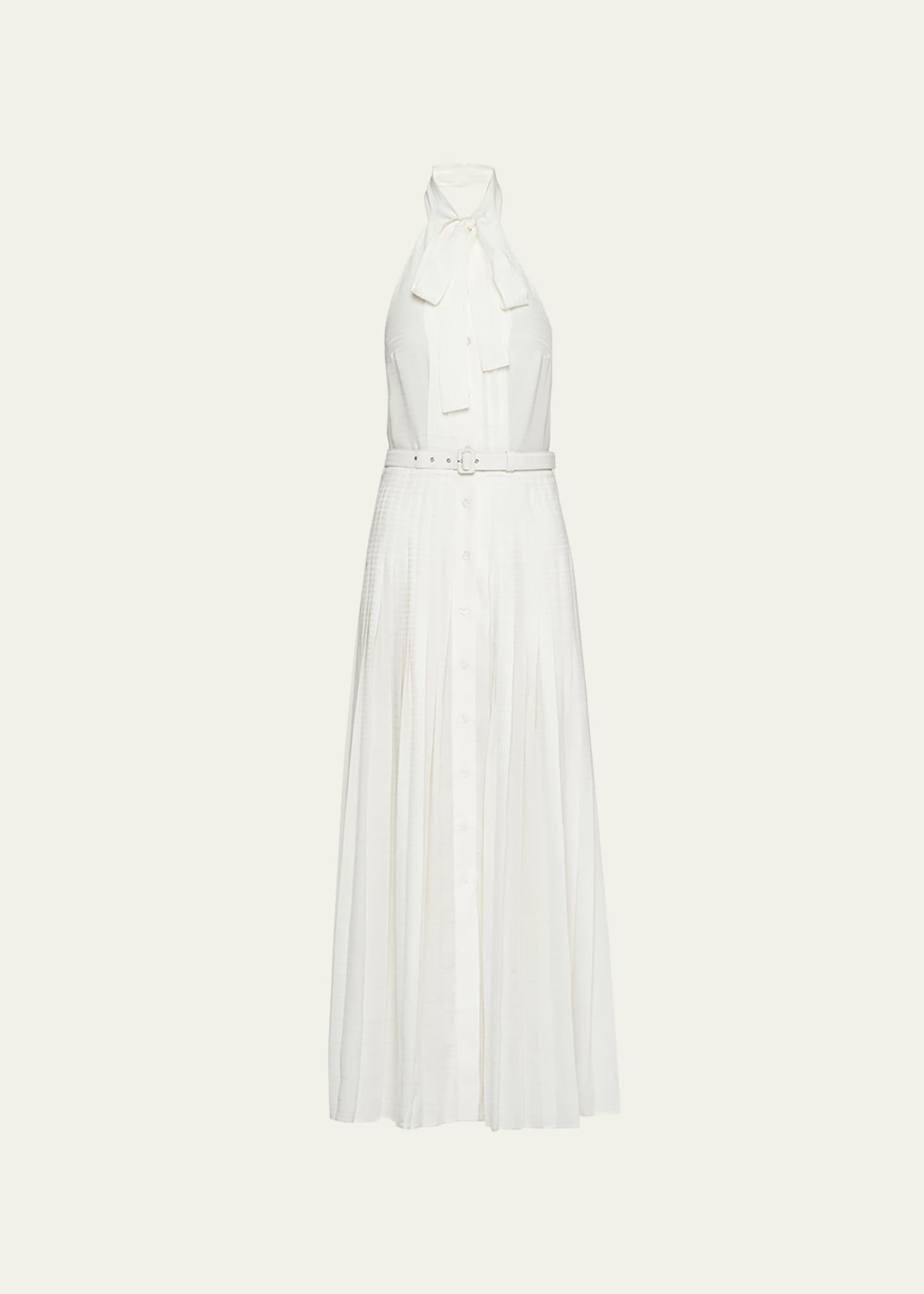 Halter Pleated Silk Belted Dress Product Image