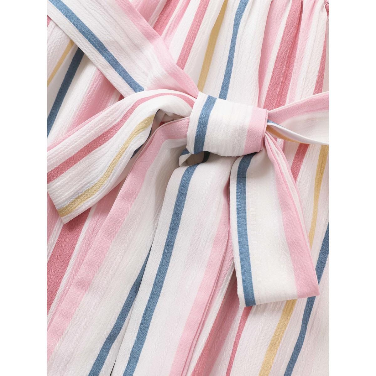 Plus Size Striped Wrap Patchwork Belted Frill Trim Dress White Women Casual Non Overlap Collar Short sleeve Curvy Midi Dress BloomChic 22-24/3X Product Image