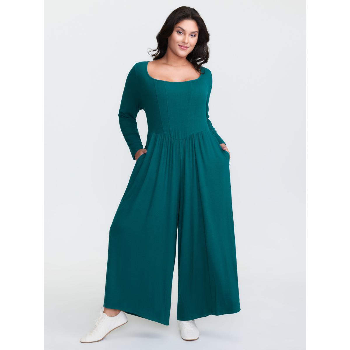 Plus Size Aegean Supersoft Square Neck Smocked Waist Jumpsuit Women Leisure Extra Long Sleeve U-neck Casual Loose Jumpsuits BloomChic 14-16/1X Product Image