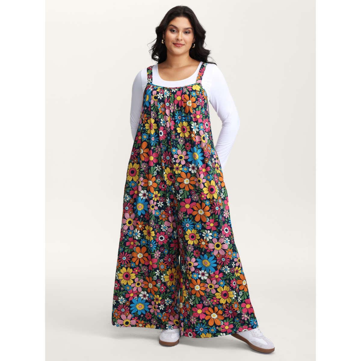 Plus Size DarkBlue Colorful Floral Pockets Knit Jumpsuit Women Playful Sleeveless Square Neck Casual Loose Jumpsuits BloomChic 26/4X Product Image