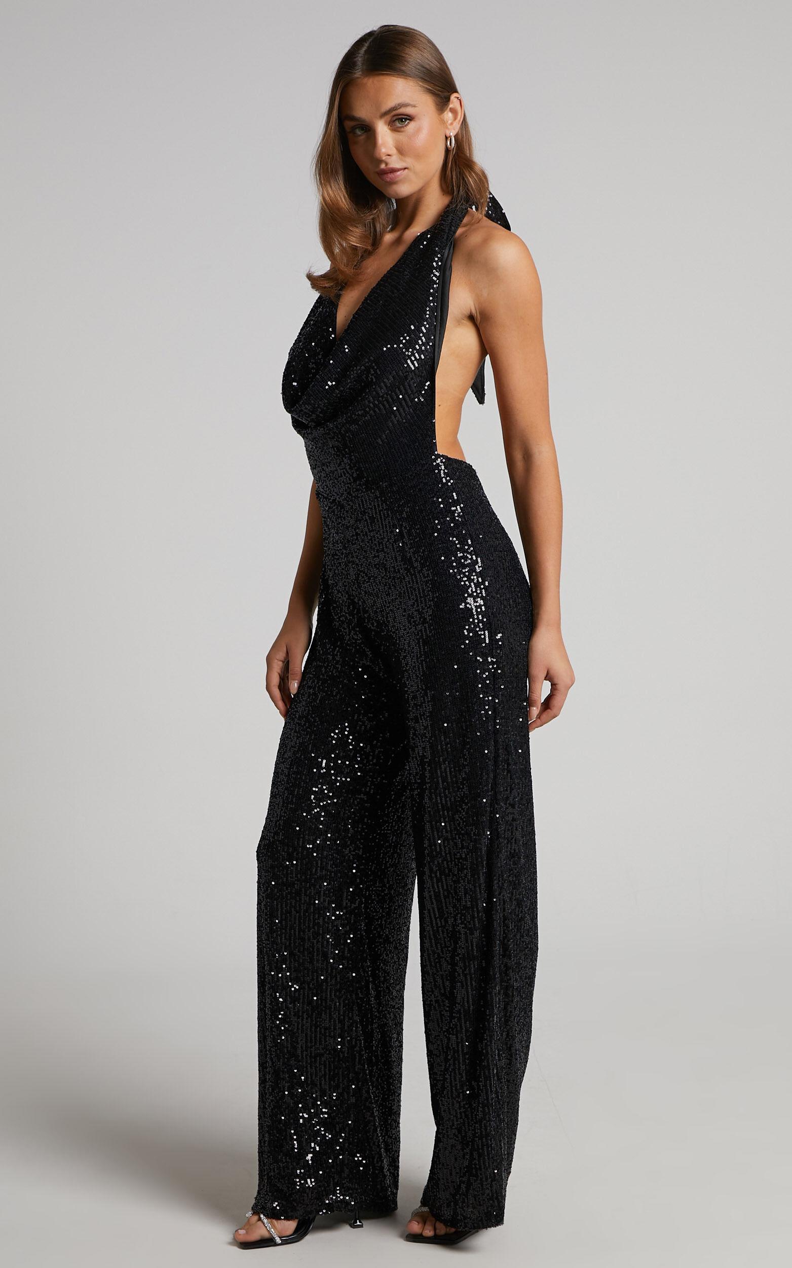 Julien Jumpsuit - Backless Wide Leg Cowl Neck Sequin Jumpsuit in Black Product Image