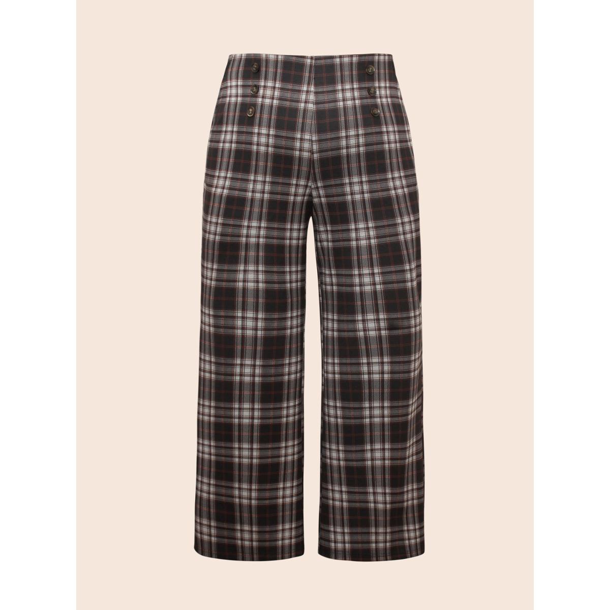 Plus Size Plaid Button Detail Mid Rise Pants Women Black At the Office Wide Leg Mid Rise Work Pants BloomChic 30/6X Product Image