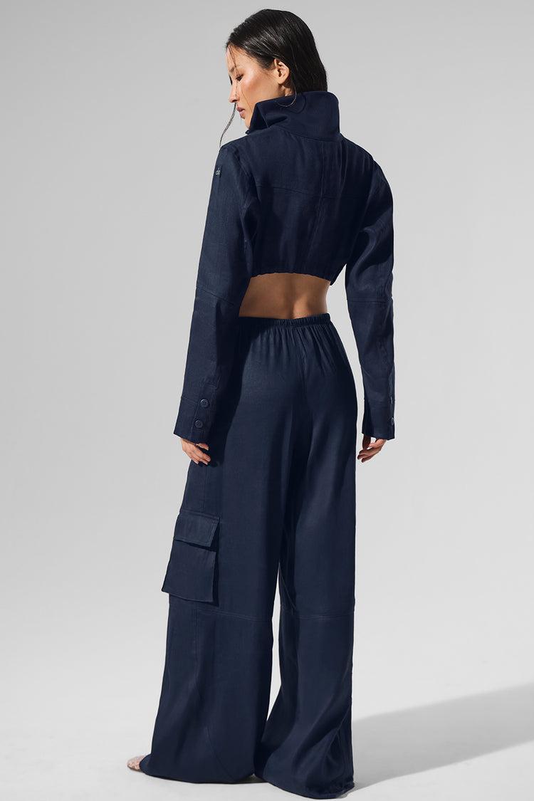 Linen Getaway Cargo Wide Leg Pant - Navy Female Product Image