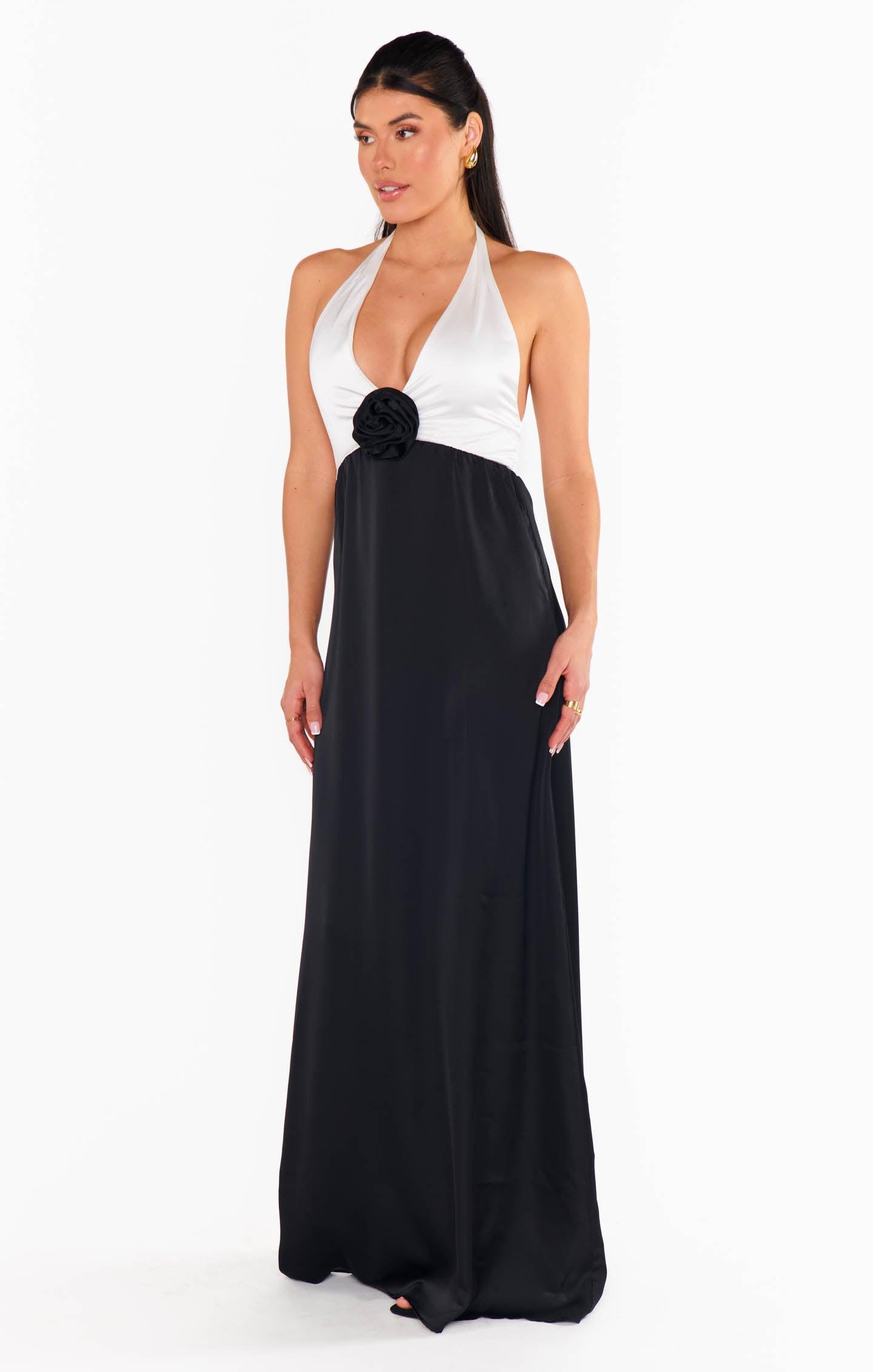 Marilyn Maxi Dress ~ Black and White Luxe Satin Product Image