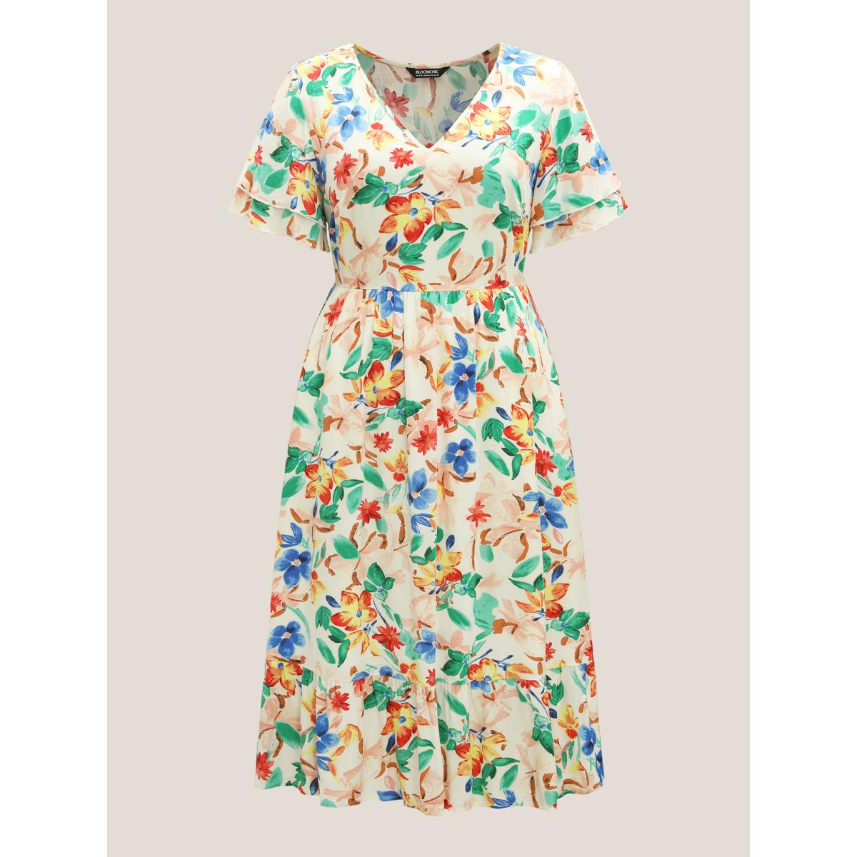 Plus Size Sunkissed Florals Pockets Midi Dress Apricot Women V-neck Short sleeve Curvy BloomChic 18-20/2X Product Image