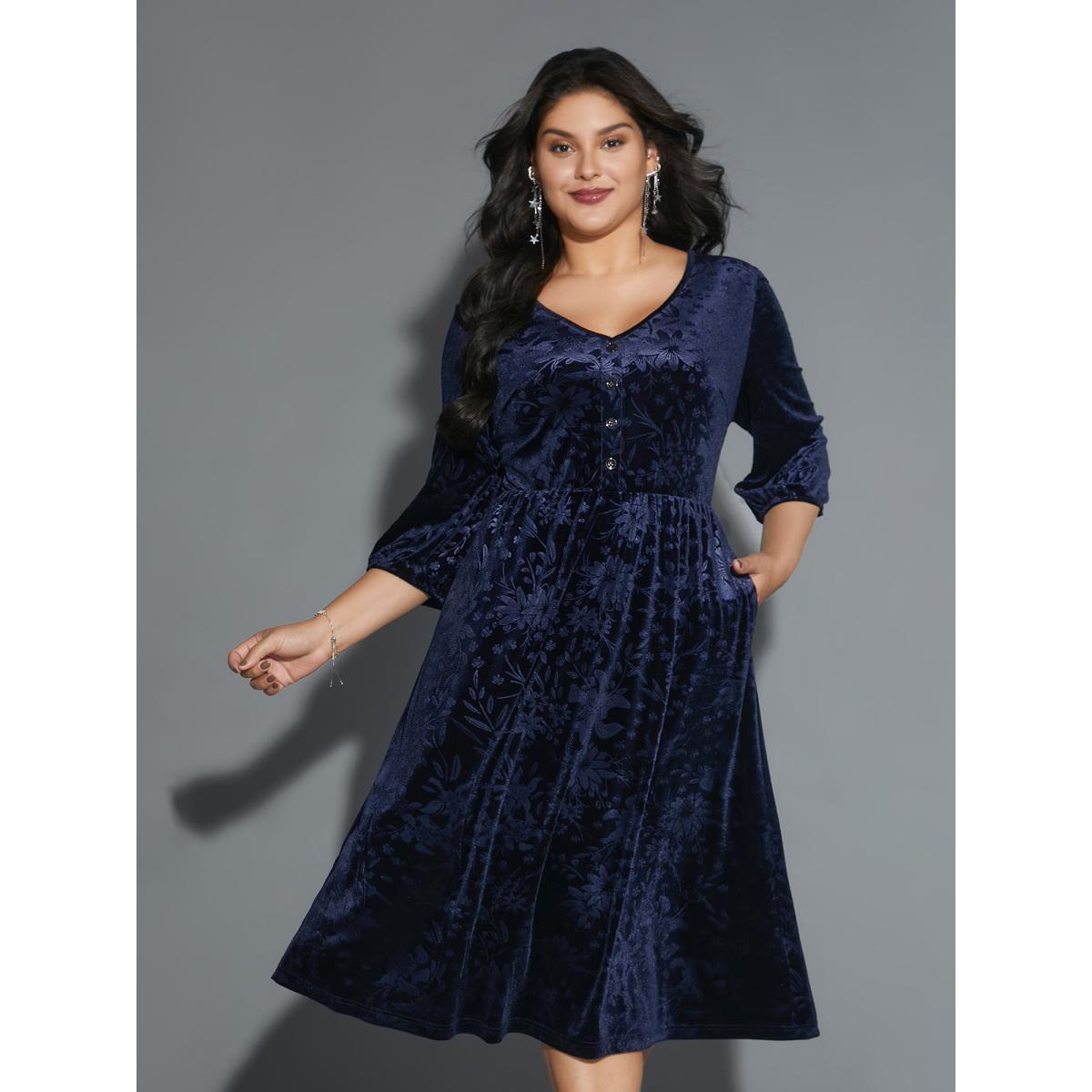 Plus Size Velvet Button Detail V-Shaped Neck Dress DarkBlue Women Cocktail Texture V-neck Elbow-length sleeve Curvy BloomChic 30/6X Product Image