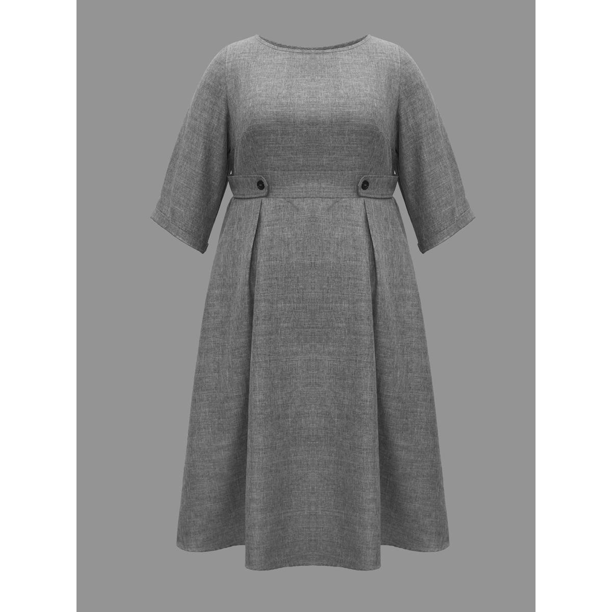 Plus Size Buckled Waist Loops Pleated Midi Dress DarkGray Women At the Office Pleated Boat Neck Elbow-length sleeve Curvy BloomChic 10/M Product Image