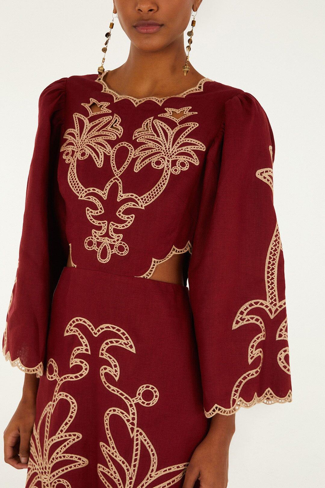 Red Artisanal Cut-Out Embroidered Euroflax™ Premium Linen Maxi Dress Product Image