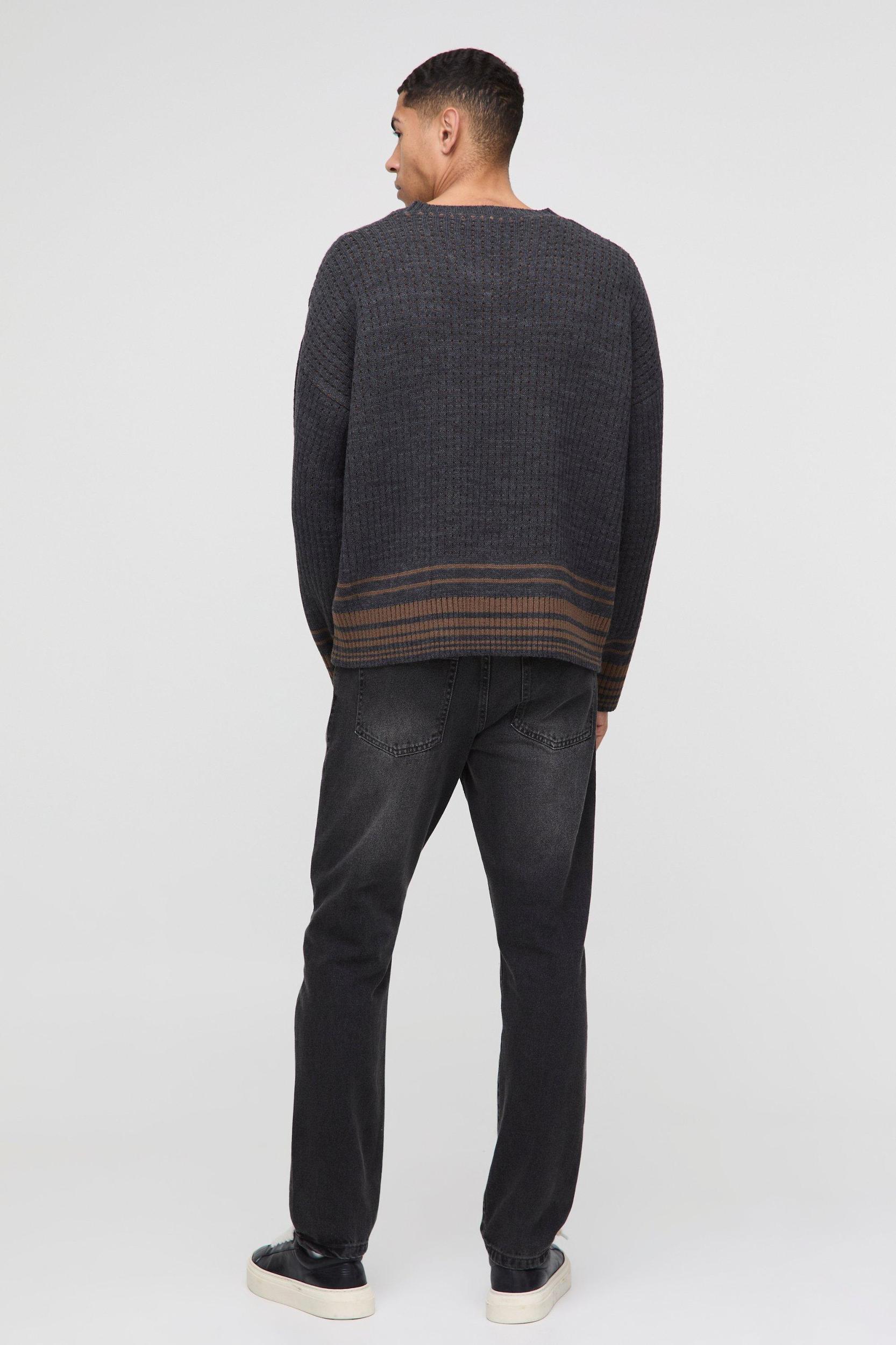 Oversized Boxy V Neck Slogan Stripe Rib Knitted Sweater | boohooMAN USA Product Image