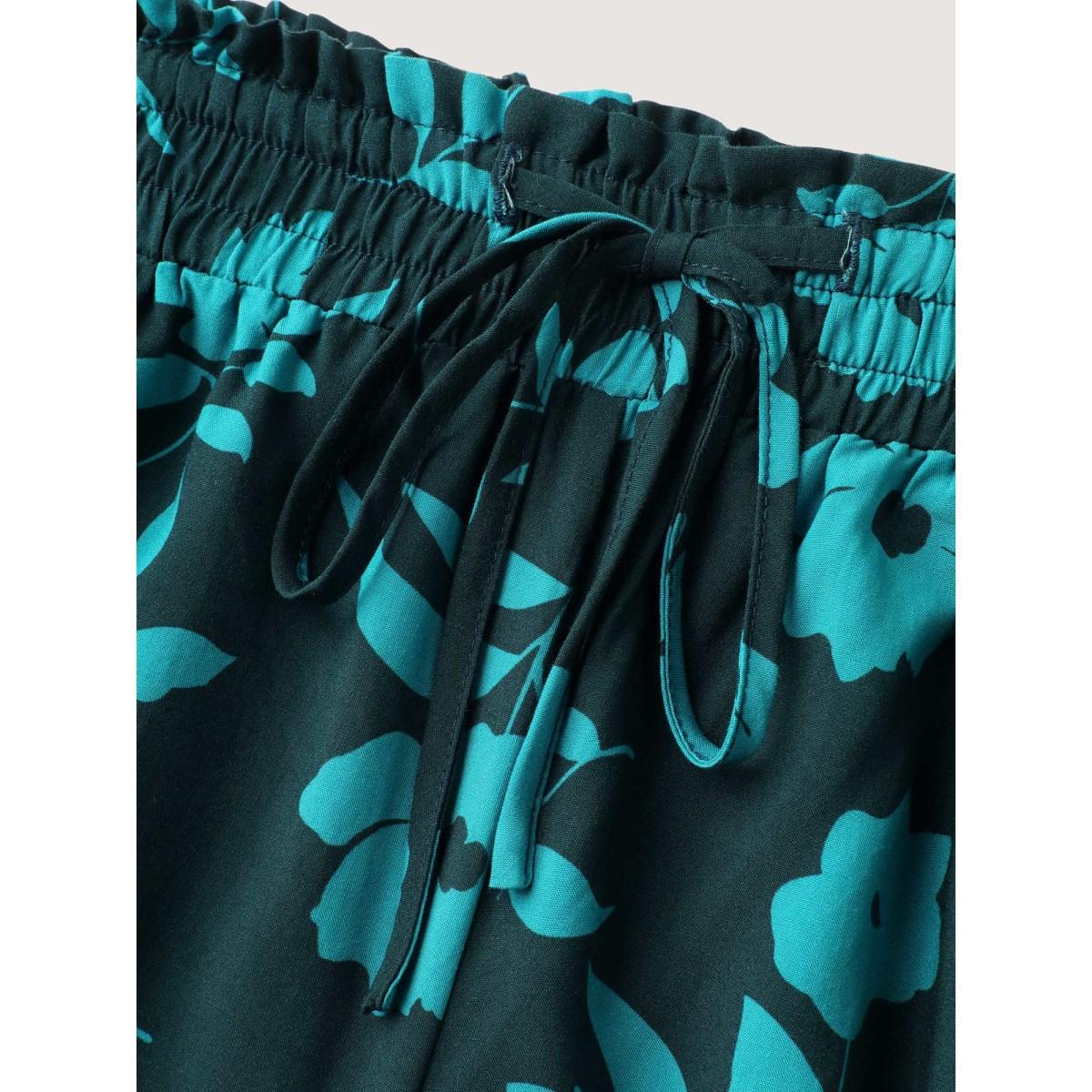 Plus Size Silhouette Floral Print Drawstring Wide-Leg Pants Women Mediumblue Timeless Loose Mid Rise Elegant Pants BloomChic 22-24/3X Product Image