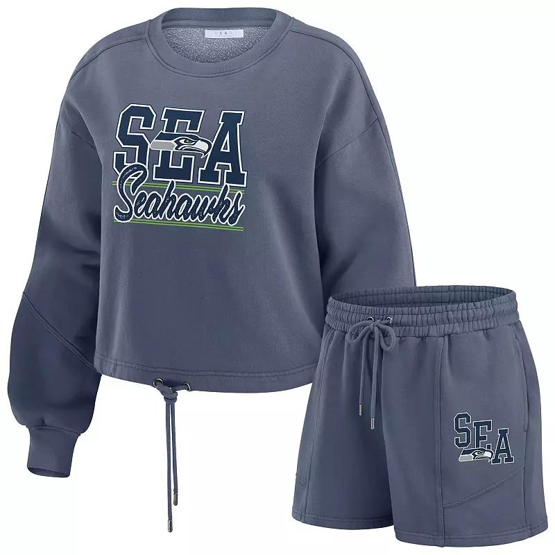 Women's WEAR by Erin Andrews Navy Tennessee Titans Washed Fleece Long Sleeve T-Shirt & Shorts Lounge Set,  Product Image