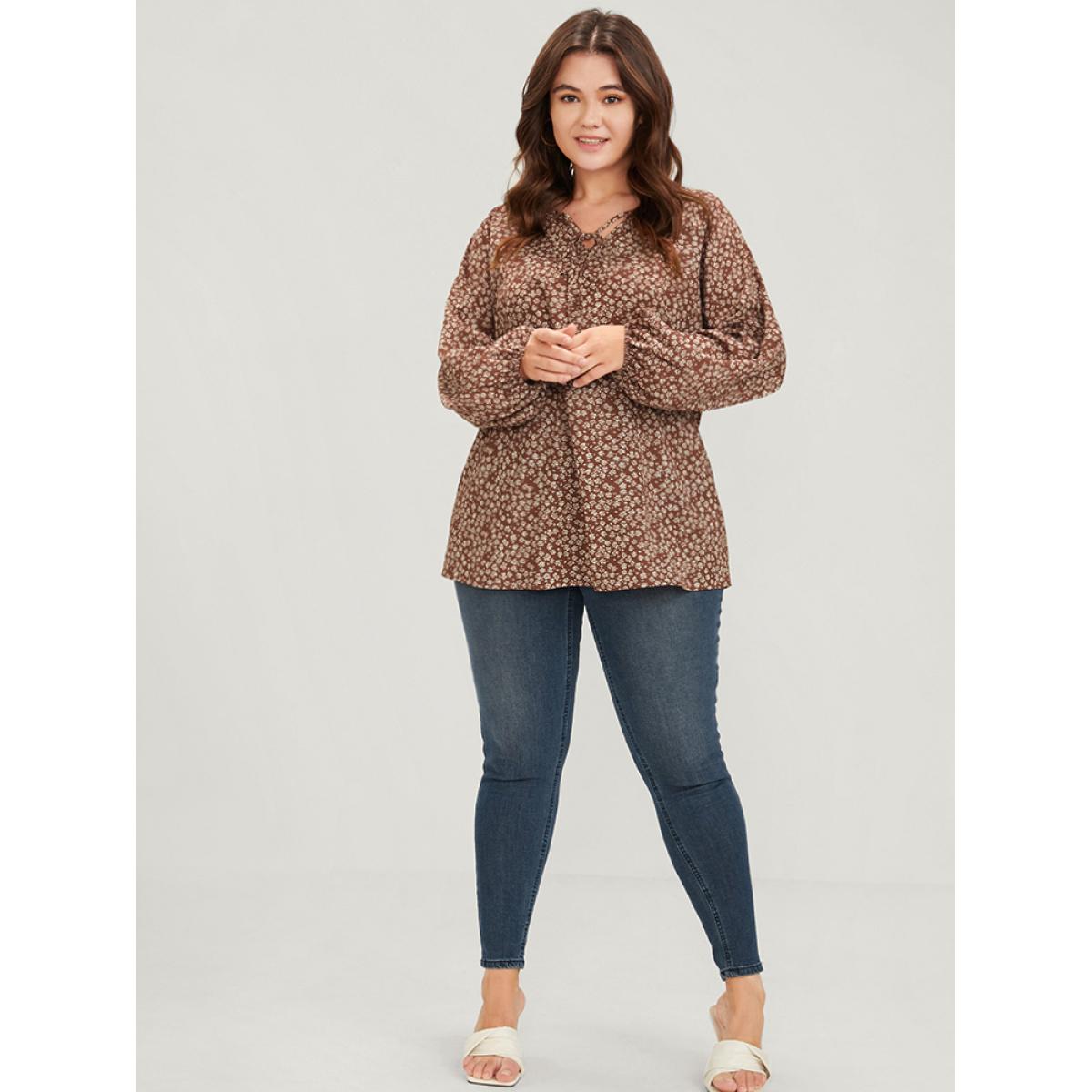 Plus Size Tan Ditsy Floral Lantern Sleeve Ties V Neck Blouse Women Elegant Long Sleeve V-neck Dailywear Blouses BloomChic 26/4X Product Image