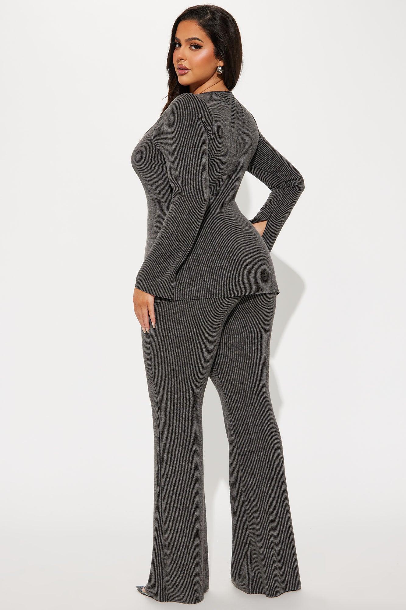 Erin Ribbed Flare Leg Pant Set - Charcoal Product Image