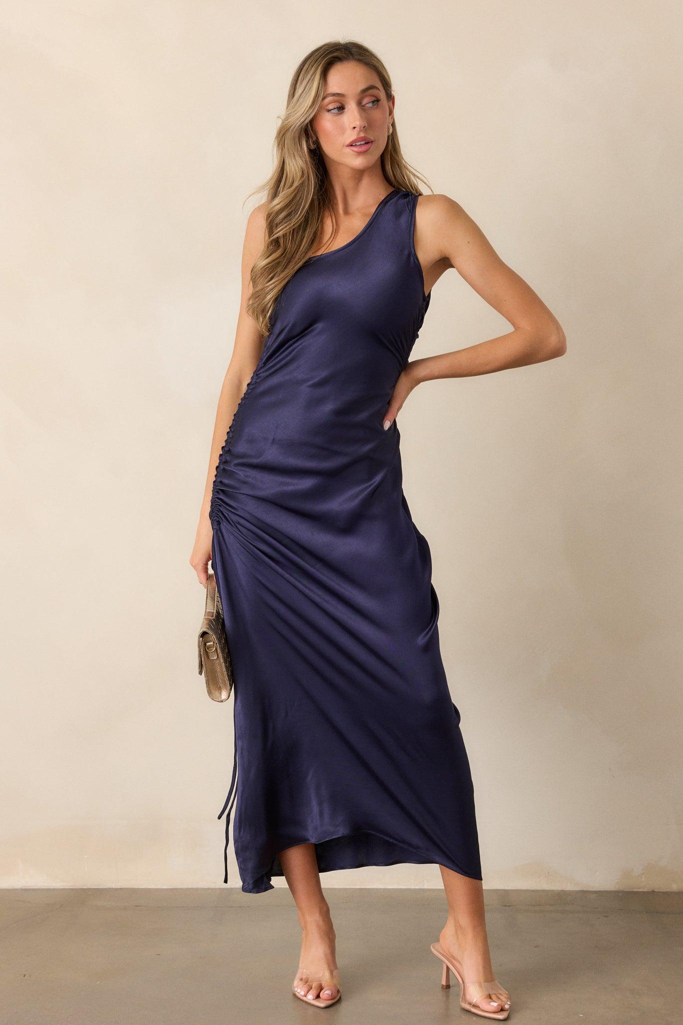 MINKPINK Lumina Midnight Blue One Shoulder Midi Dress Product Image