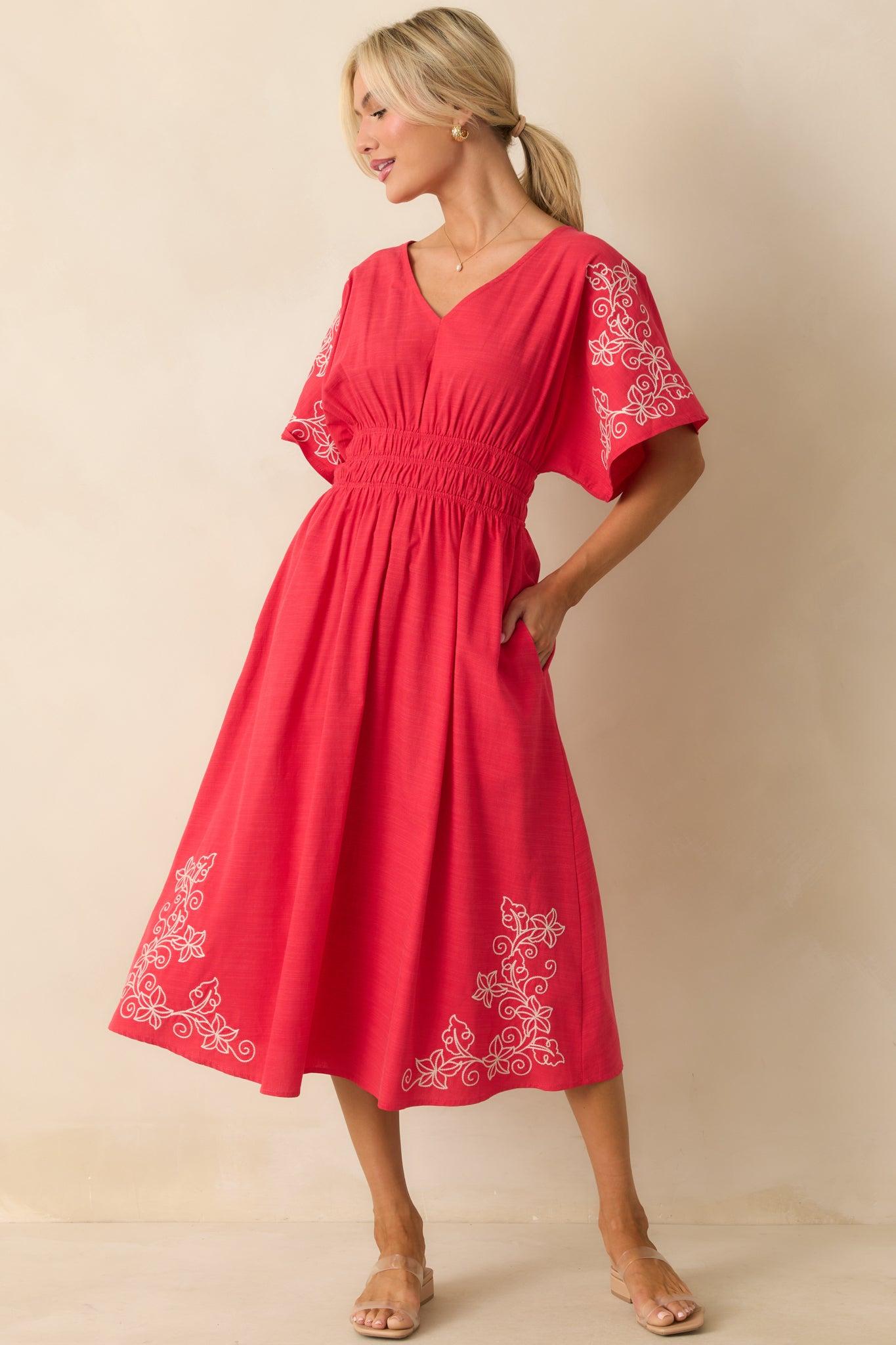 Finding Your Way Red Floral Embroidered Cotton Midi Dress Product Image