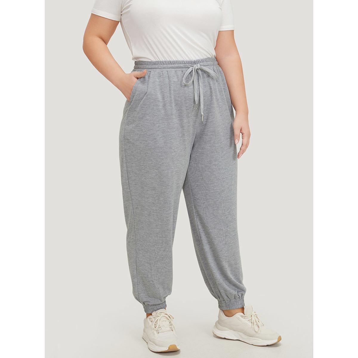 Plain Drawstring Slant Pocket Sweatpants DarkGray Plus Size Women Casual Dailywear Gathered 30/6X Bloomchic Product Image