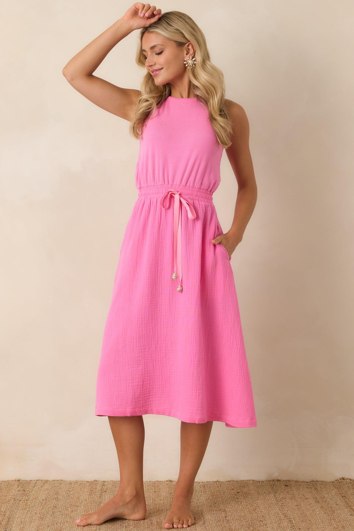 Paradisa Bonita Pink Cotton Sleeveless Midi Dress Product Image