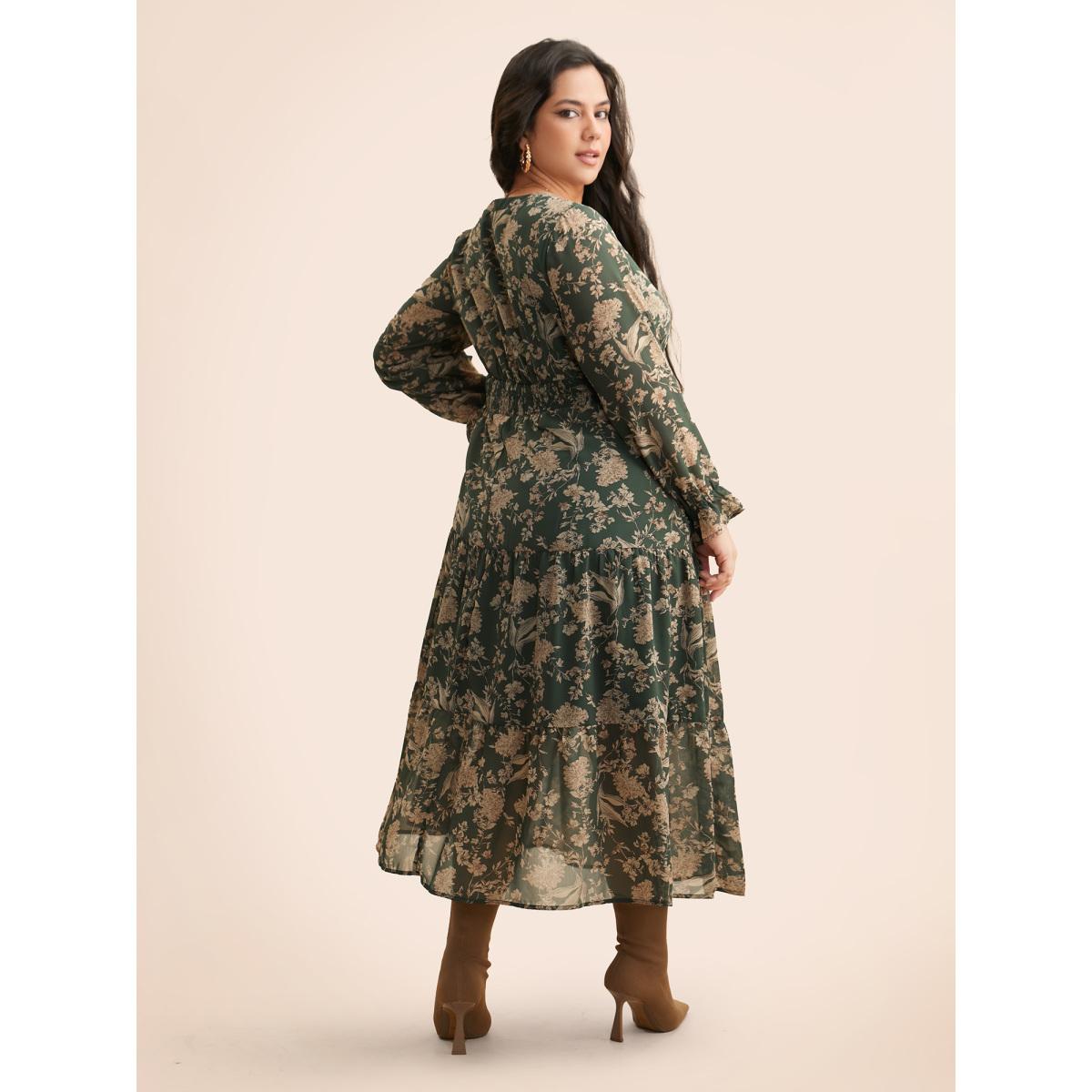Plus Size Floral Shirred Ruffles See Through Dress ArmyGreen Women Elegant See through Flat collar with V-notch Long Sleeve Curvy BloomChic 30/6X Product Image