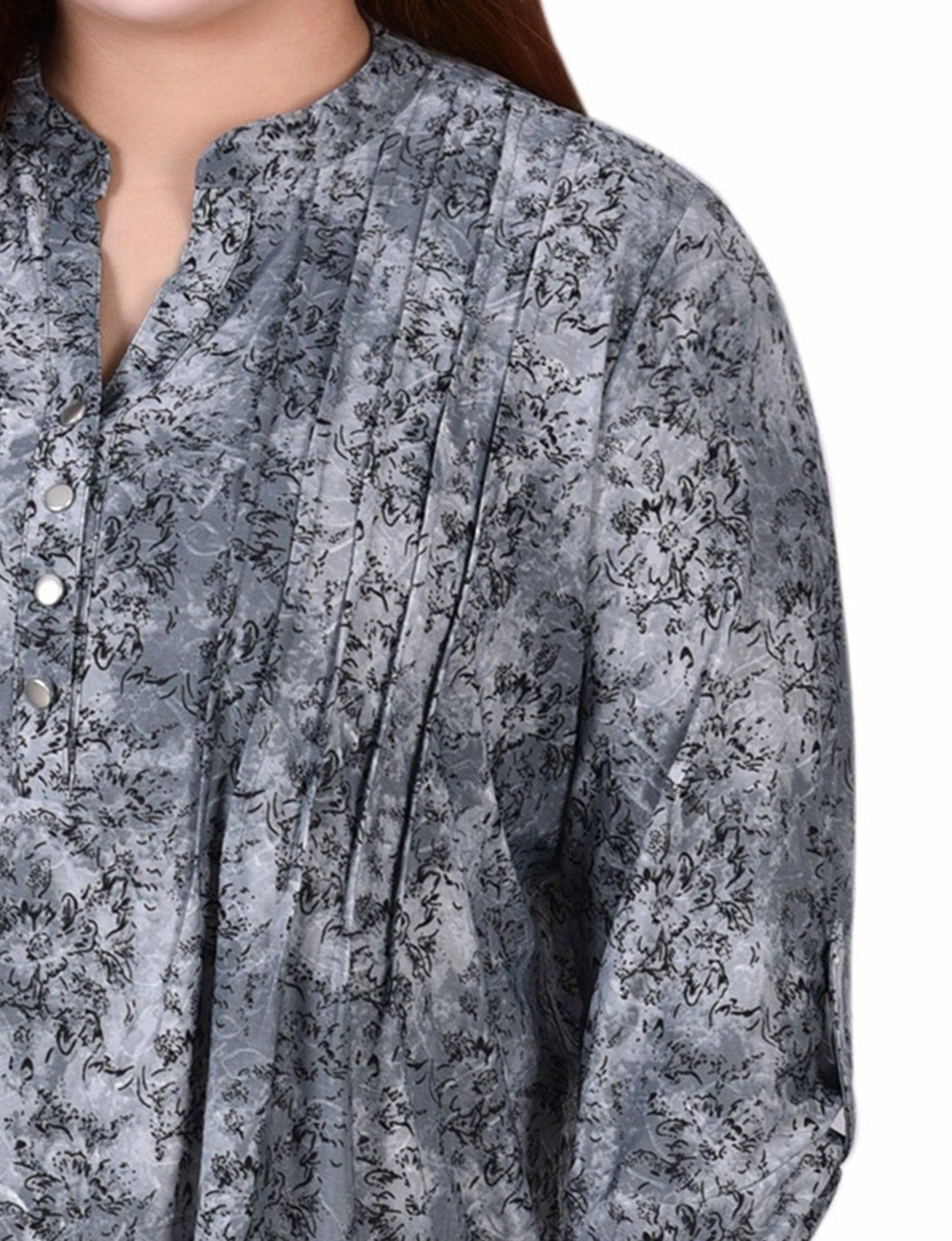 Grey Floral 3/4 Sleeve Roll Tab Y Neck Top - Plus Product Image