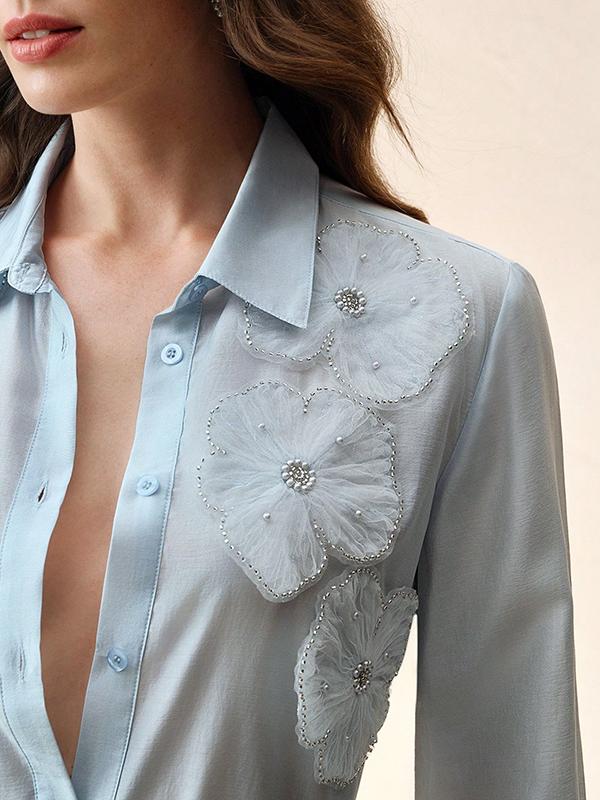 Long Sleeves Applique Split-Joint Lapel Blouses&Shirts Tops Product Image