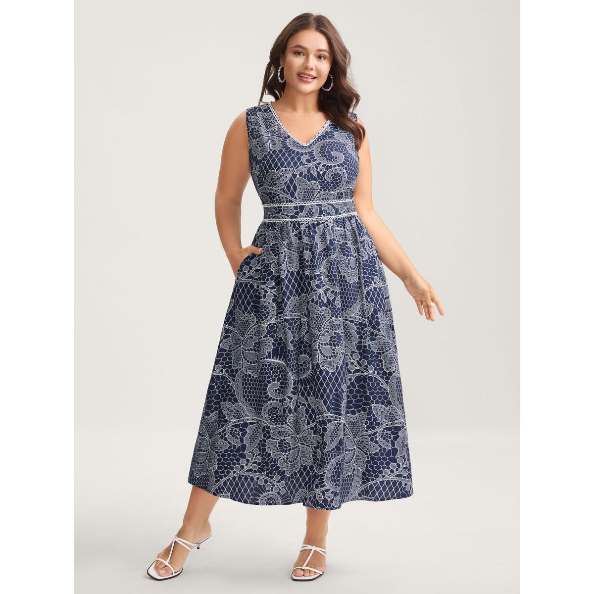 Plus Size Lace-Like Print Cinched-Waist Midi Dress Navy Women V-neck Sleeveless Curvy BloomChic 26/4X Product Image