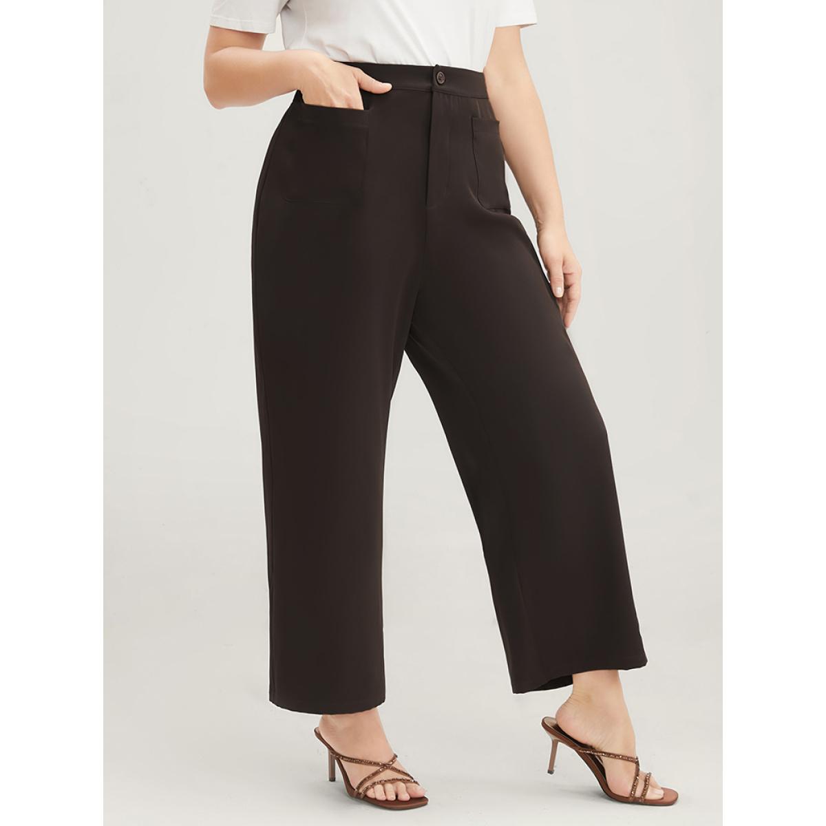 Plus Size Plain Pocket Front Wide Leg High Rise Pants Women DarkBrown Office Wide Leg High Rise Work Pants BloomChic 30/6X Product Image