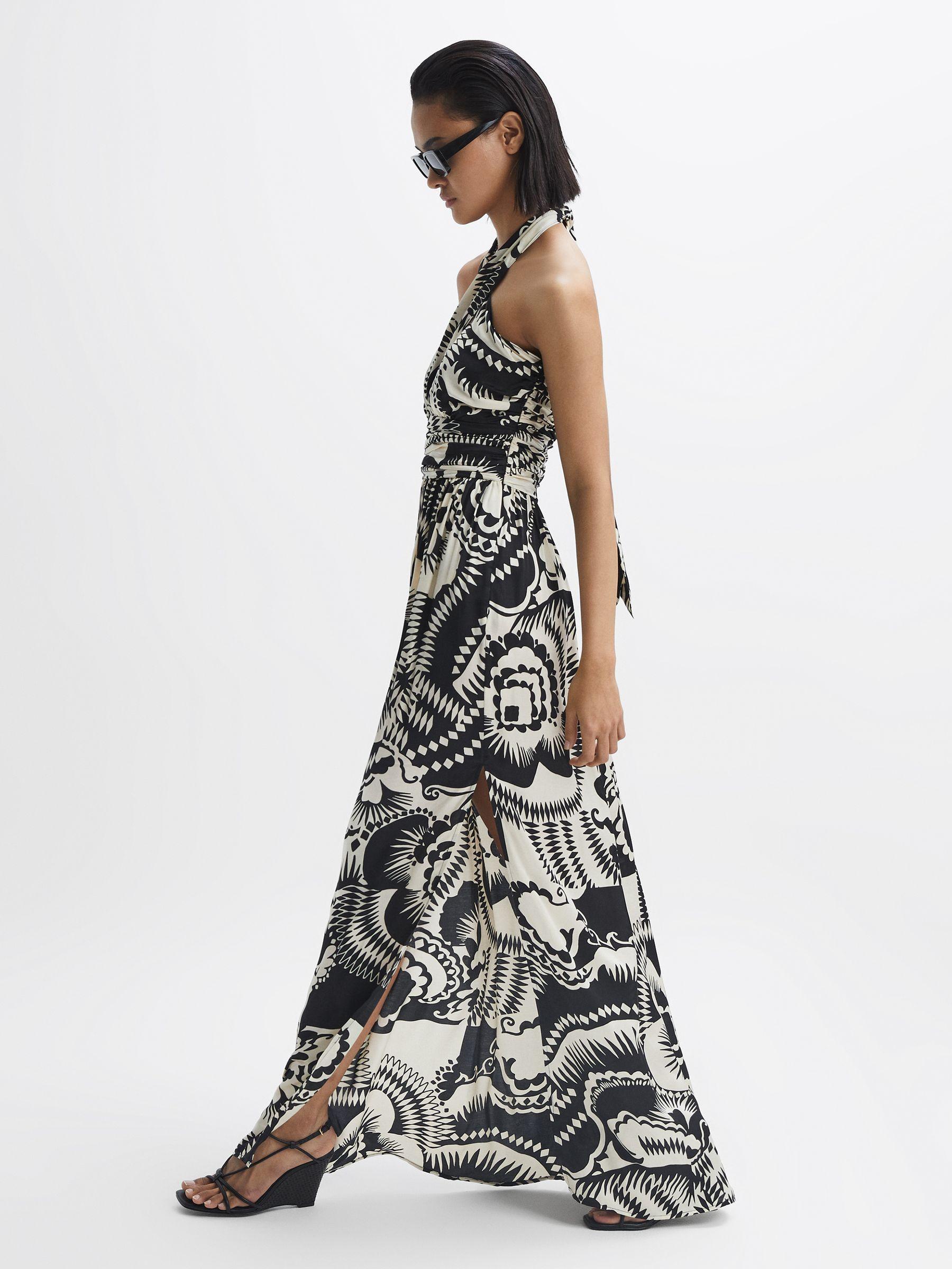 Printed Halter Neck Maxi Dress in Black/White Product Image