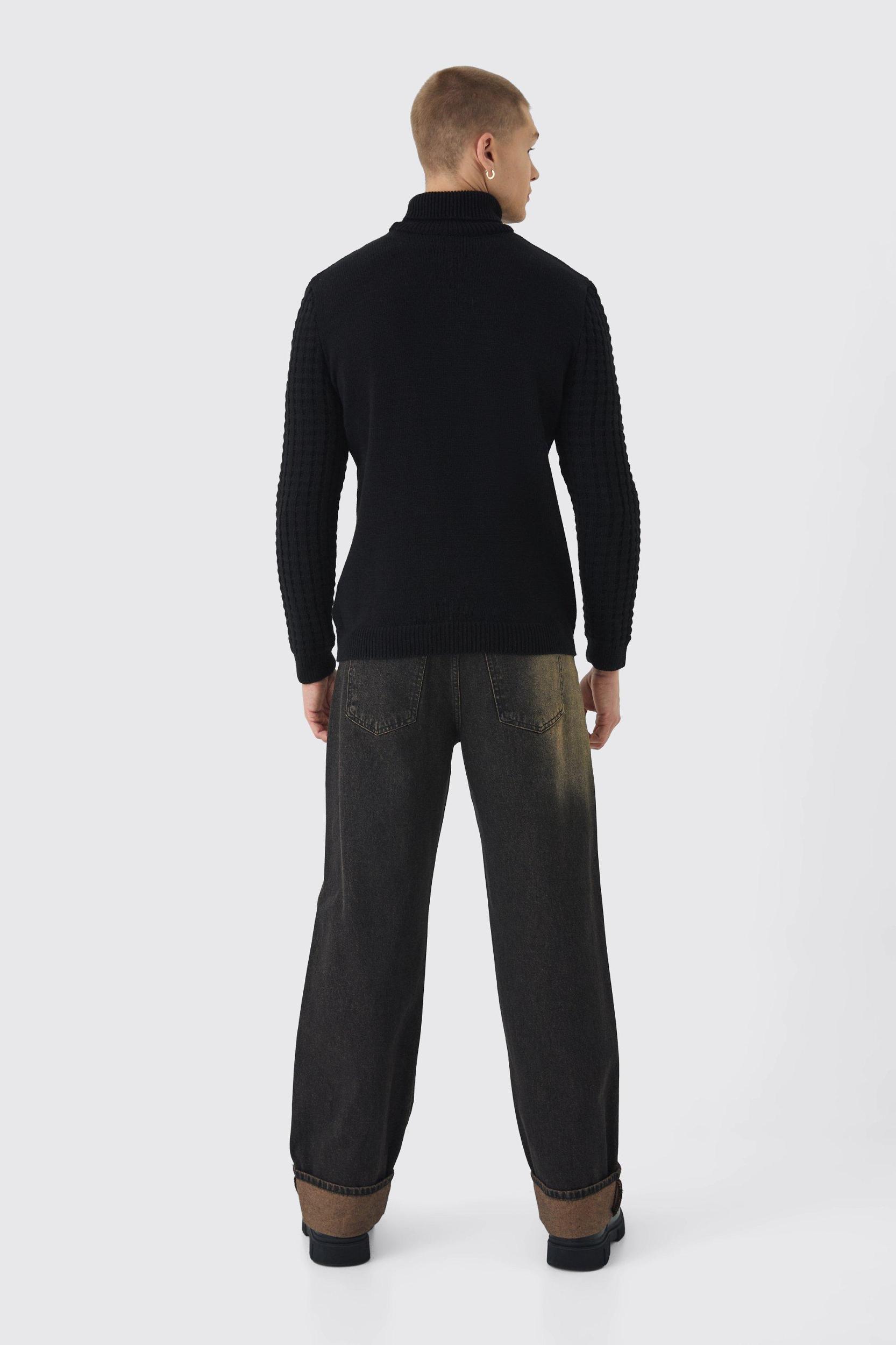 Long Sleeve Cable Knit Roll Neck Sweater In Black | boohooMAN USA Product Image