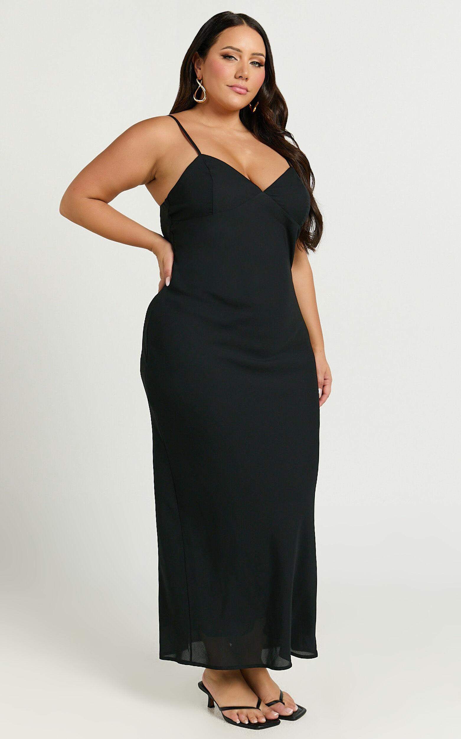 Fayette Midi Dress - V Neck Slip Dress in Black Product Image