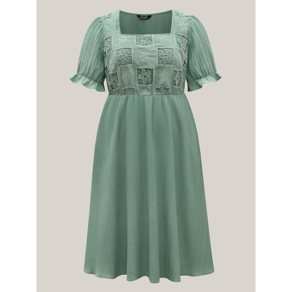 Plus Size Lace Cut-Out Pockets Midi Dress Aquamarine Women Square Neck Short sleeve Curvy BloomChic 10/M Product Image