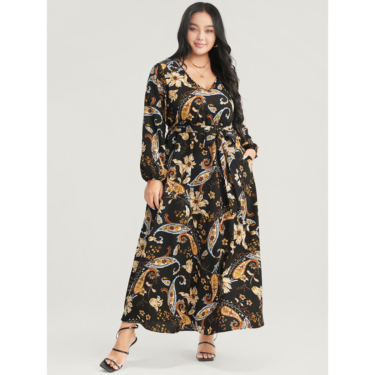 Plus Size Floral Pocket Lantern Sleeve V Neck Belted Maxi Dress Black Women Elegant Belted V-neck Long Sleeve Curvy Long Dress BloomChic 30/6X Product Image
