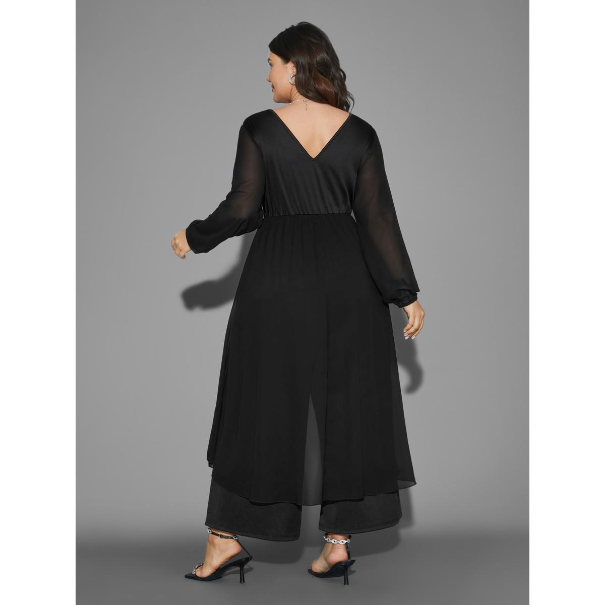 Plus Size Black Chiffon Mesh Overlap Collar Gathered Jumpsuit Women Cocktail Long Sleeve Overlap Collar Party Loose Jumpsuits BloomChic 14-16/1X Product Image