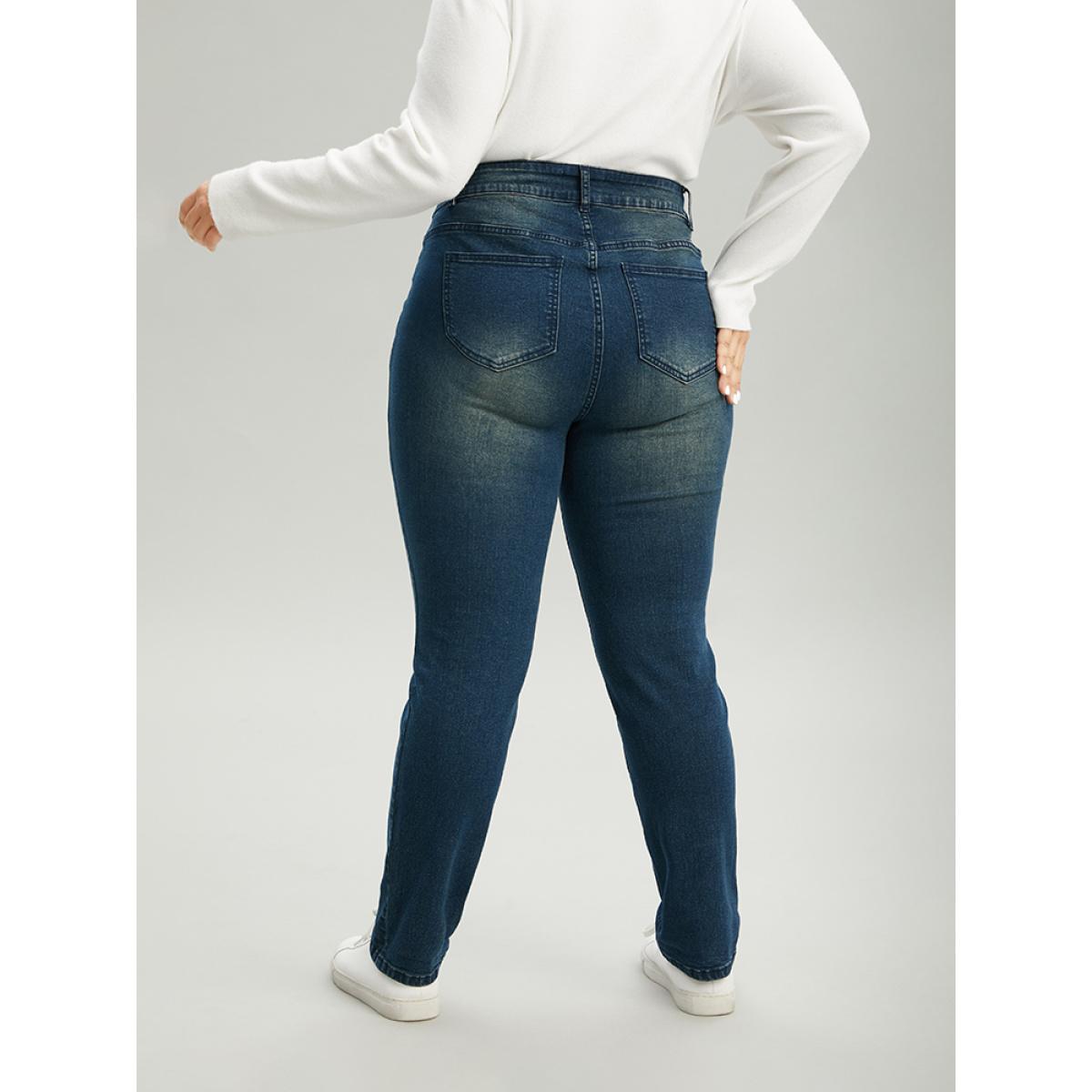 Plus Size Very Stretchy Straight Leg Roll Hem Jeans Women Aegean Casual Plain Plain High stretch Pocket Jeans BloomChic 12/L Product Image