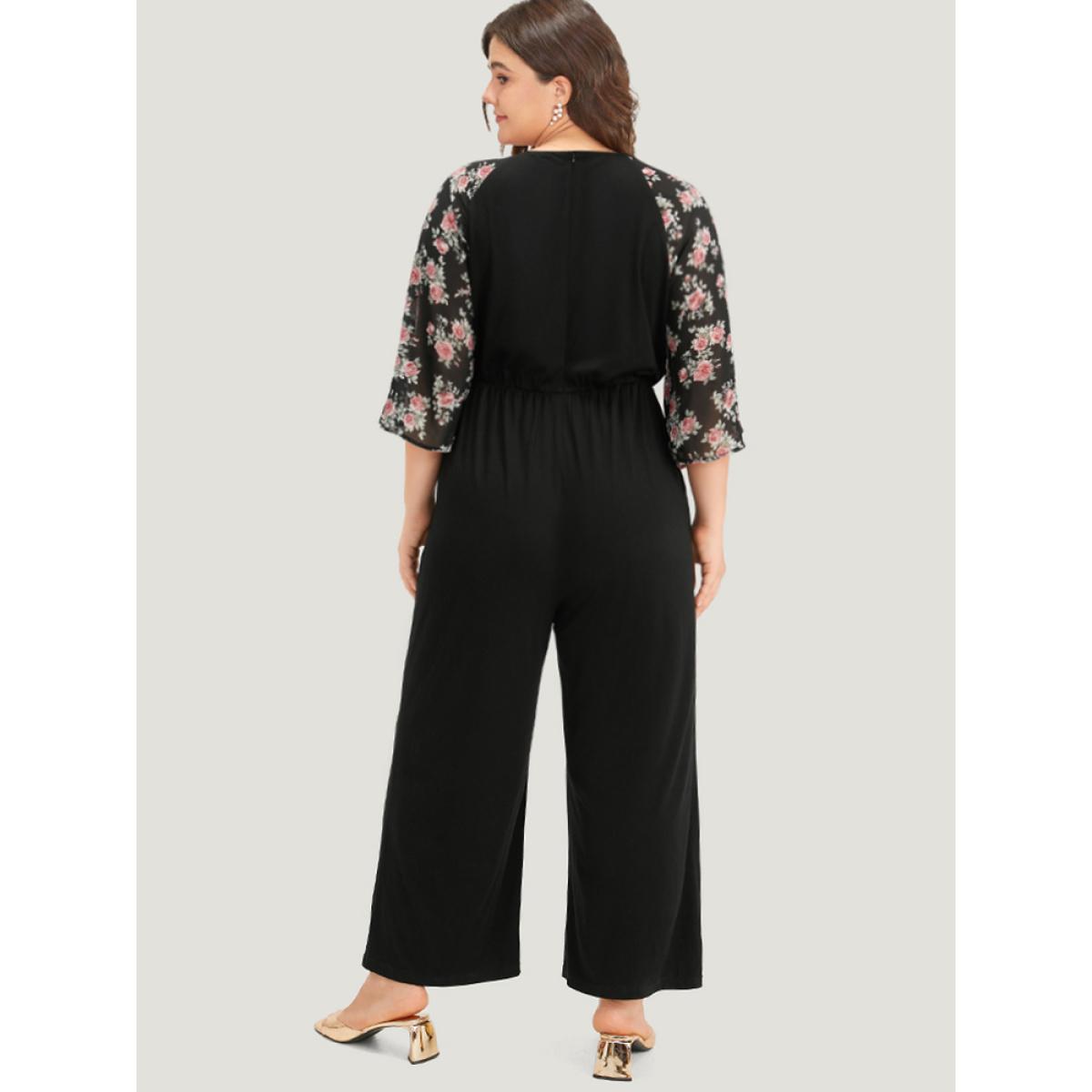 Plus Size BlackFlower Floral Print Ruffles V Neck Raglan Sleeve Jumpsuit Women Elegant Elbow-length sleeve V-neck Dailywear Loose Jumpsuits BloomChic 14-16/1X Product Image