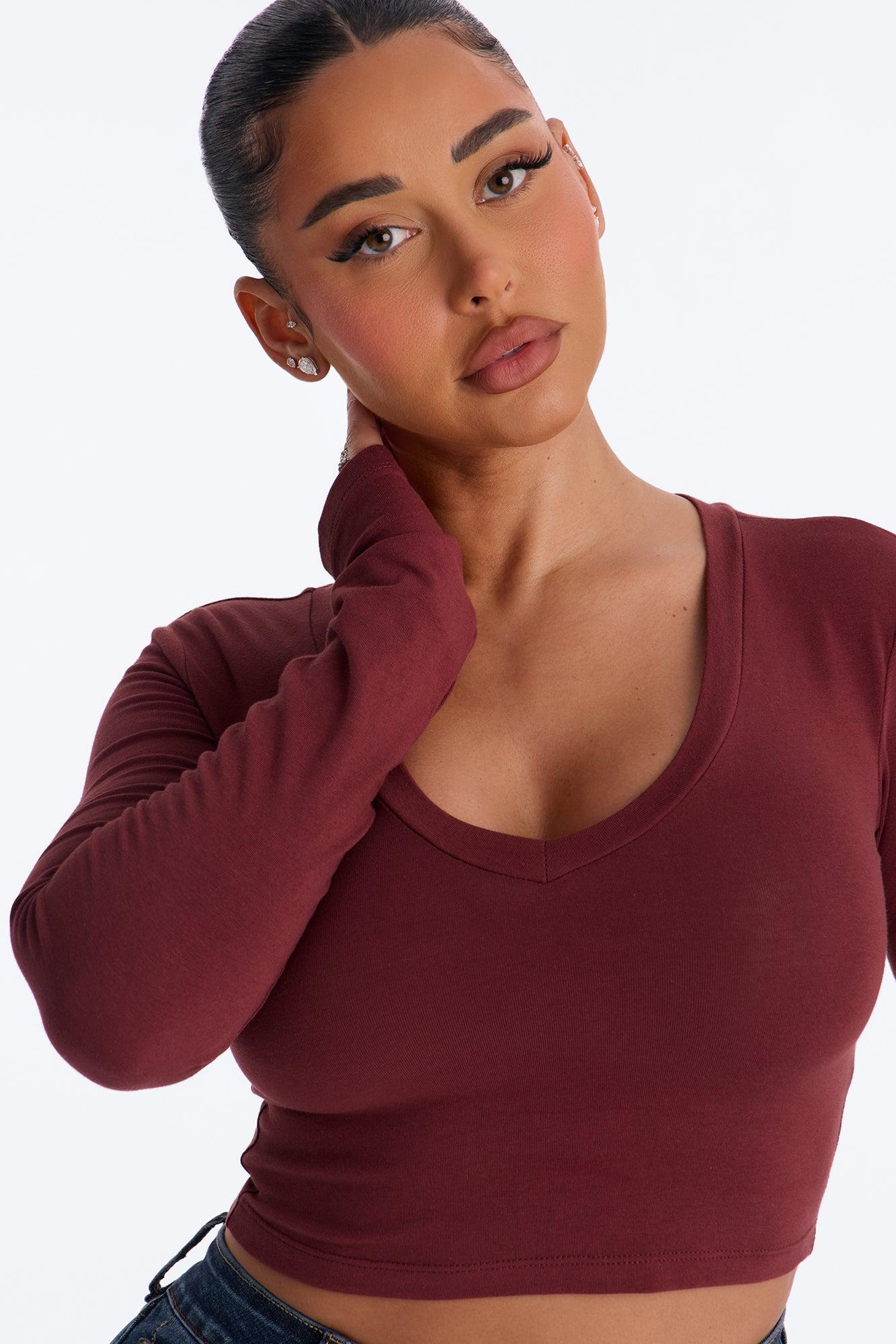 Carly V Neck Crop Long Sleeve Tee - Wine Female Product Image