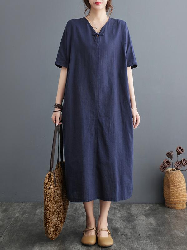 A-Line Loose Chinese Frog Buttons Pockets Solid Color Split-Side V-Neck Midi Dresses Product Image