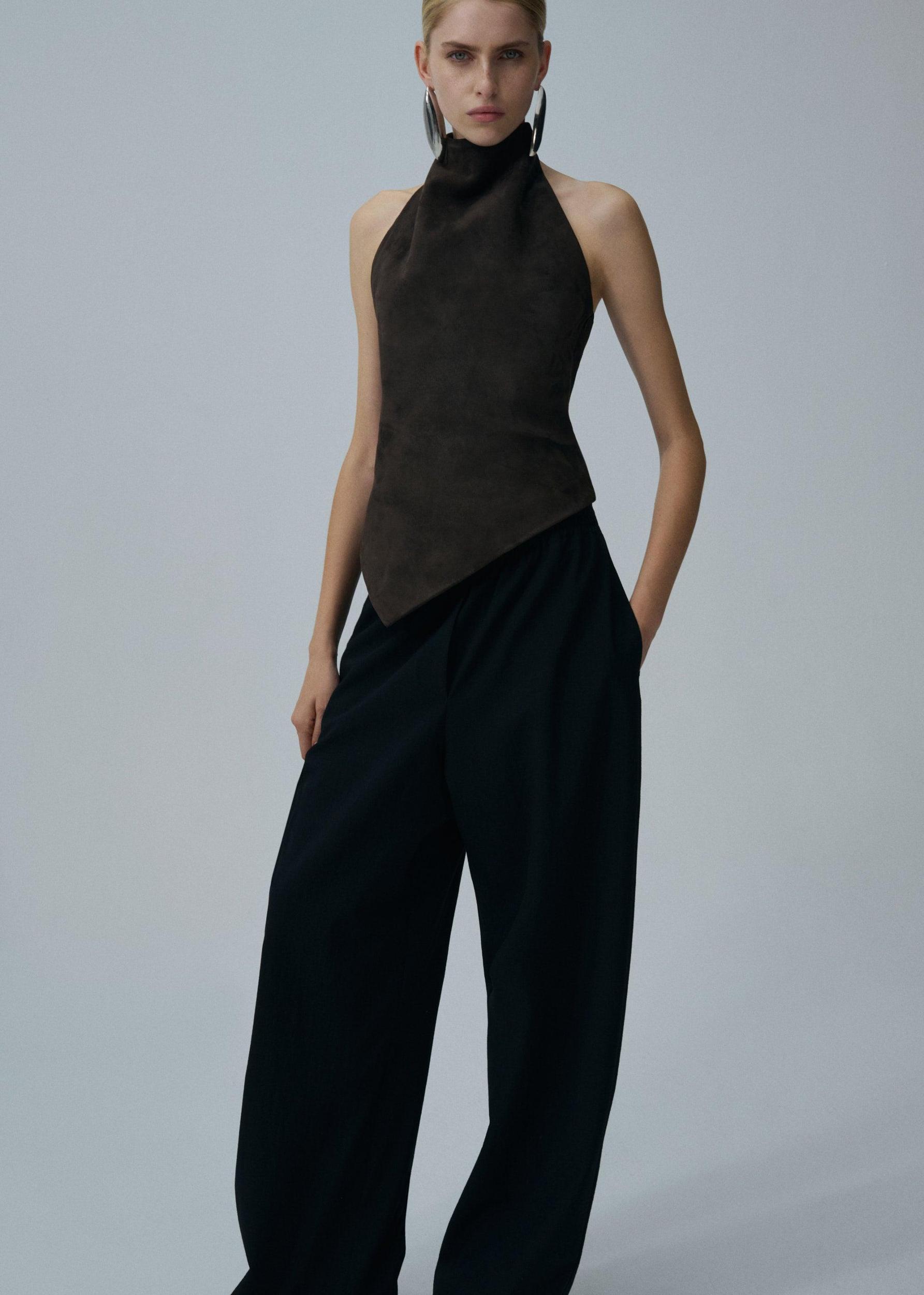 Asymmetric halter top in brown suede Product Image