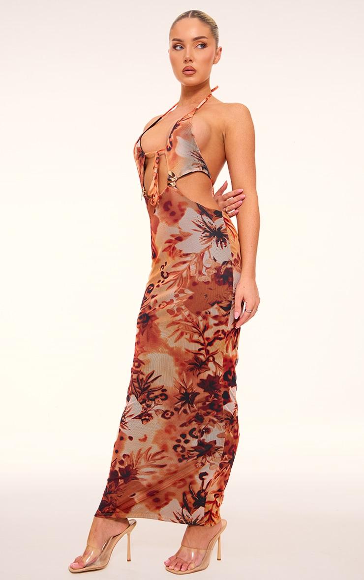 Orange Animal Print Mesh Trim Detail Cut Out Maxi Dress Product Image