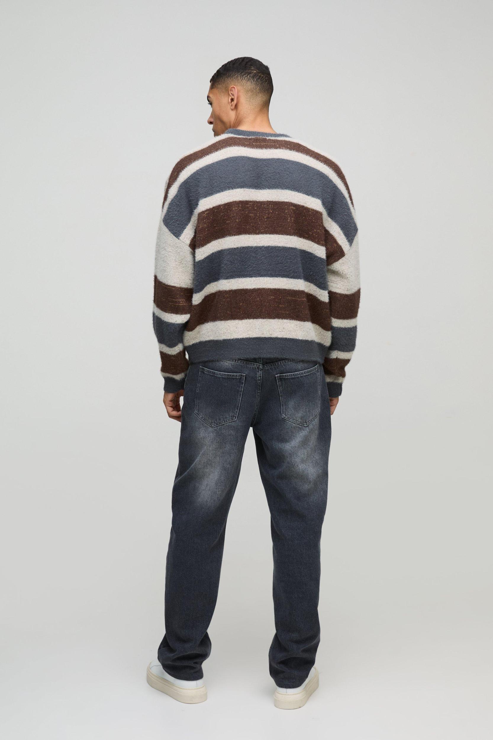 Boxy Brushed Stripe Knitted Sweater | boohooMAN USA Product Image