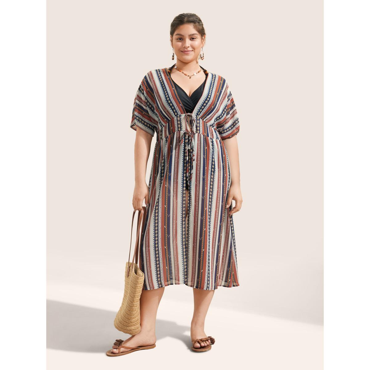 Plus Size Bandana Striped Ties Shirred Elastic Waist Kimono Women DarkBlue Resort Non Vacation Kimonos BloomChic 26/4X Product Image